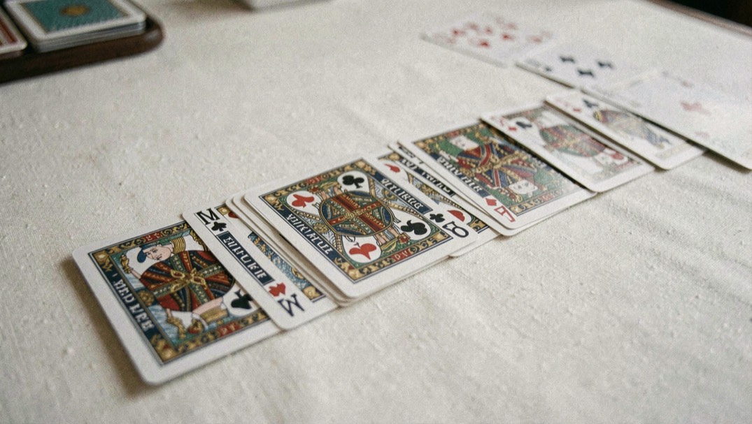 Cartes de baccarat alignées sur un tapis clair avec règle des trois tableaux