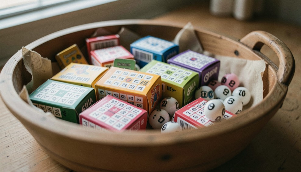 Cartons de bingo colorés et boules numérotées dans un panier en bois
