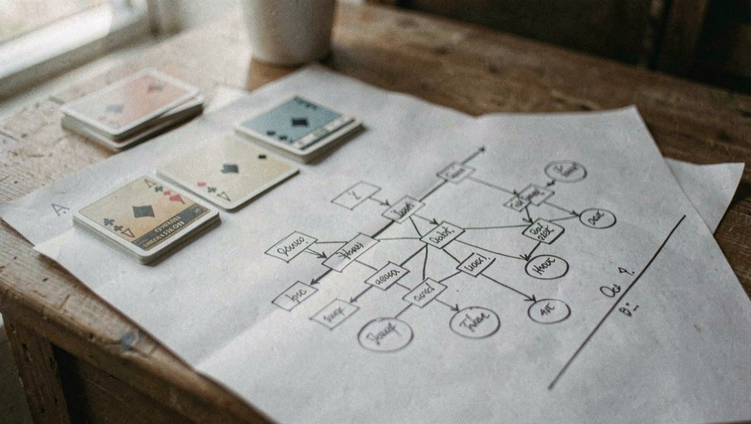 Deux jeux de cartes et arbre de décision dessiné sur papier