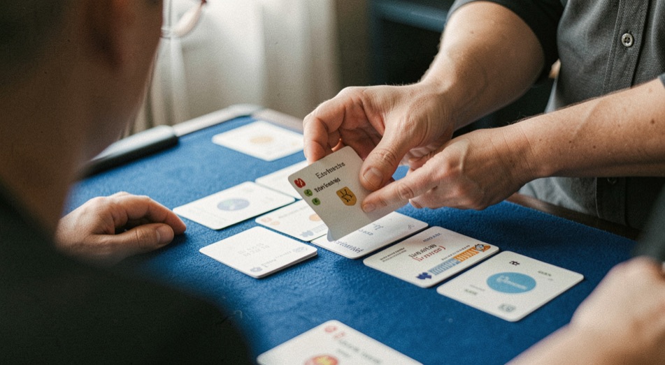 Main distribuant des cartes neutres sur un tapis bleu avec aide-mémoire