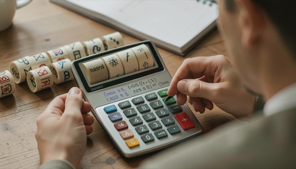 Rouleaux de symboles et calculatrice montrant une démonstration de hasard