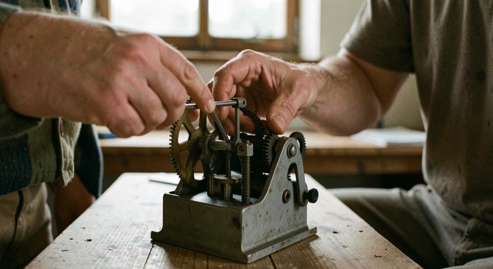 Main actionnant une petite machine mécanique de démonstration sans monnaie