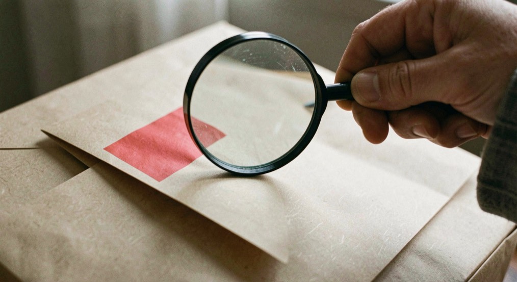 Loupe examinant une enveloppe cadeau suspecte marquée par un simple drapeau rouge, sans texte
