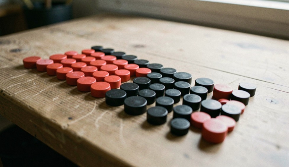 Rangées de jetons rouges et noirs formant des séries sur une table en bois, sans texte