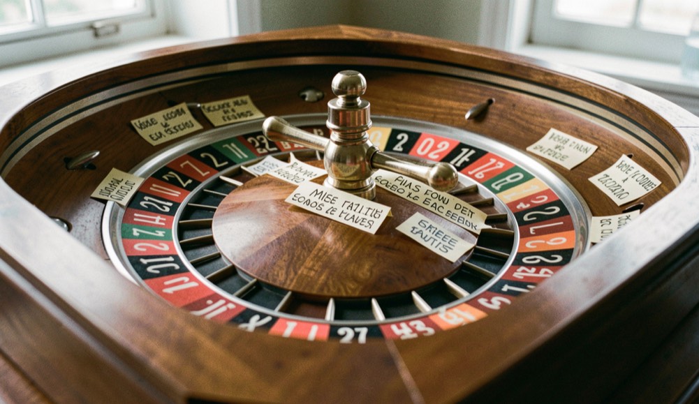 Table de roulette en bois avec mises factices expliquées par des étiquettes