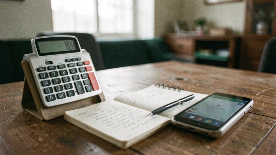 Minuteur, carnet de budget à zéro et téléphone posé loin d’une table de jeu