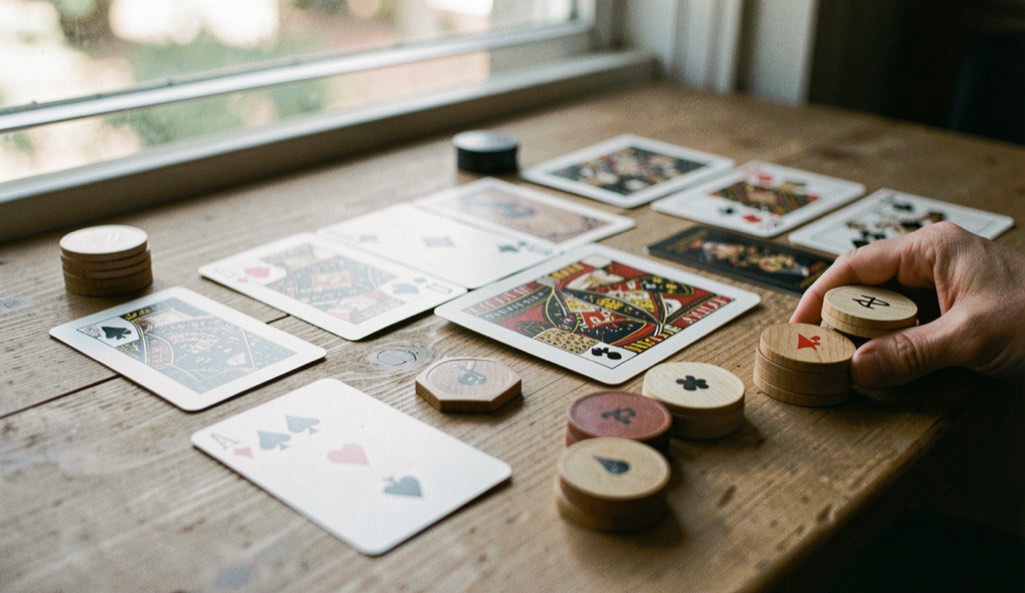 Cartes et jetons en bois disposés pour expliquer les règles du blackjack