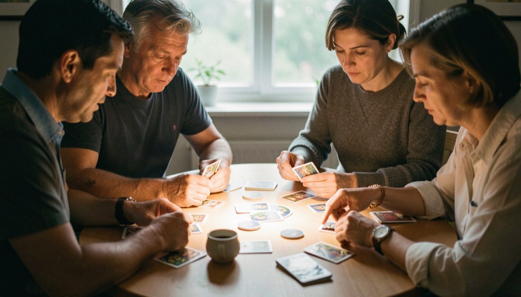 Adultes découvrant un jeu de cartes gratuit autour d’une table lumineuse