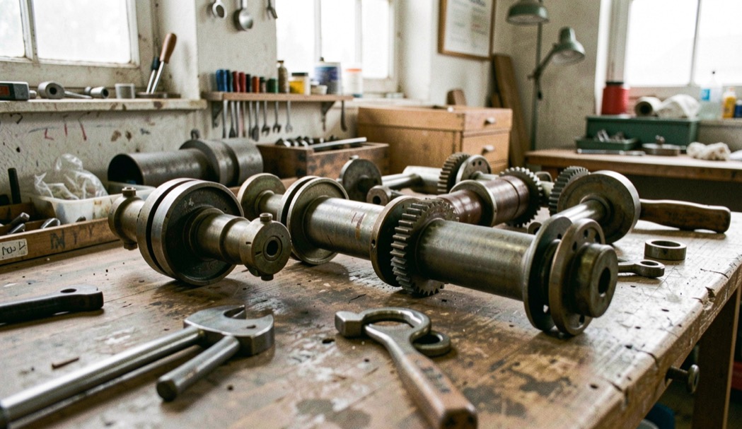 Rouleaux mécaniques vintage démontés dans un atelier pédagogique