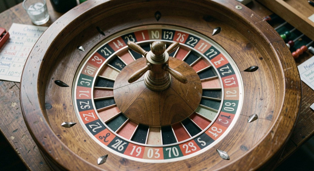 Roulette en bois vue du dessus avec fiche de probabilités manuscrite
