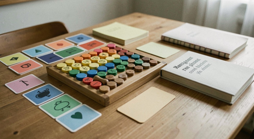 Table pédagogique colorée avec jetons en bois, cartes neutres et carnet de règles, sans marque